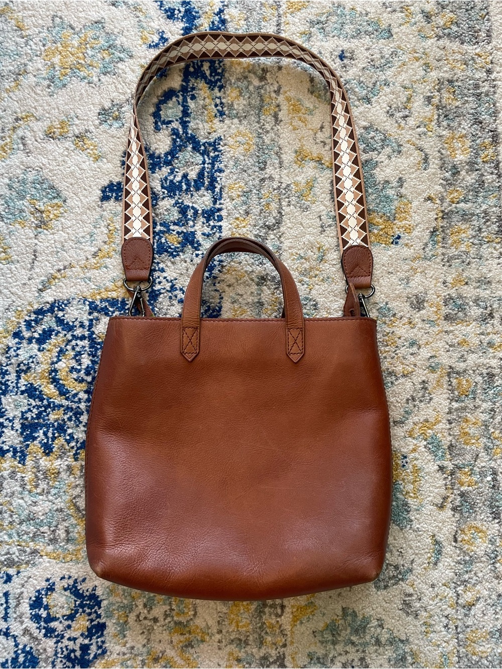 Madewell Classic Brown Leather Tote Bag with Patterned Shoulder Strap